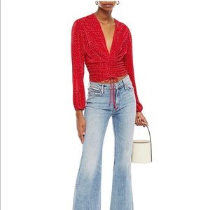 Maje Ruched polka-dot plissé-satin crop